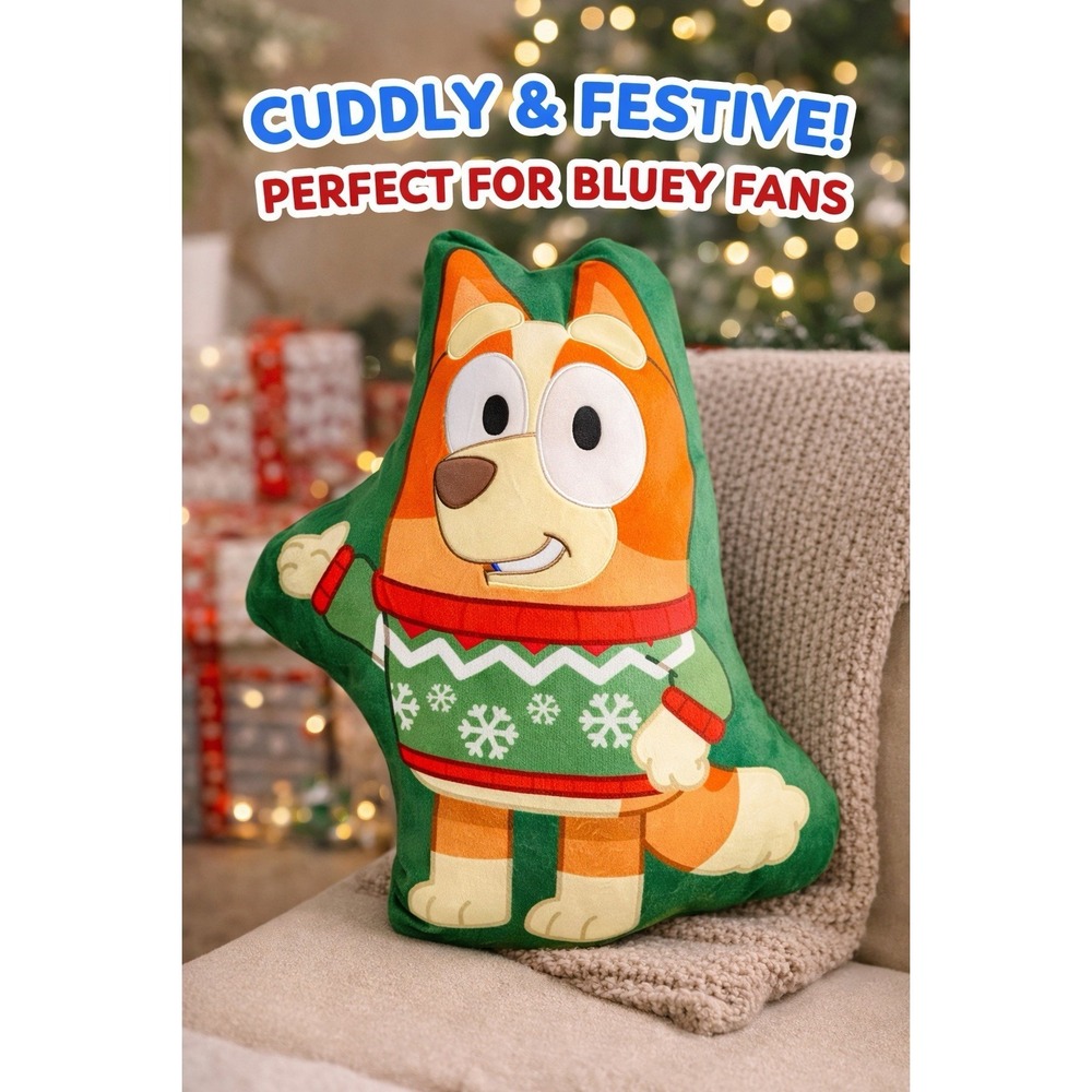 Bluey Holiday Throw Pillow Plush Character Cushion Green Sweate
